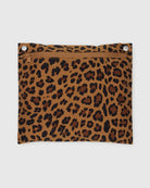 Small leopard wallet that zips behind a white background. 
