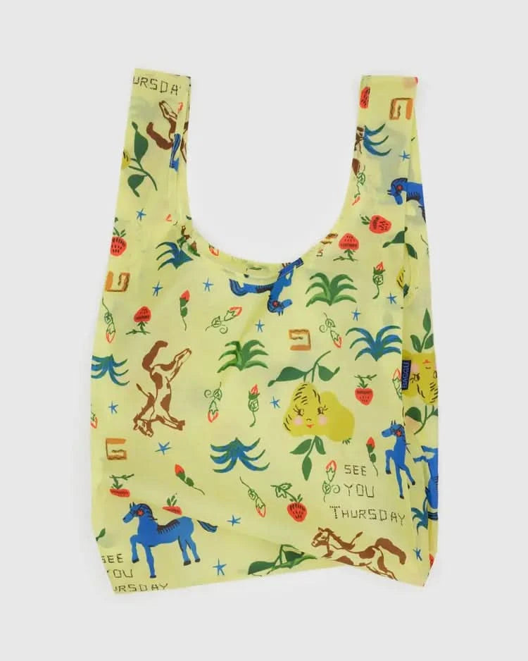Pear green baby baggu reuseable grocery with painted prairie designs throughout the bag