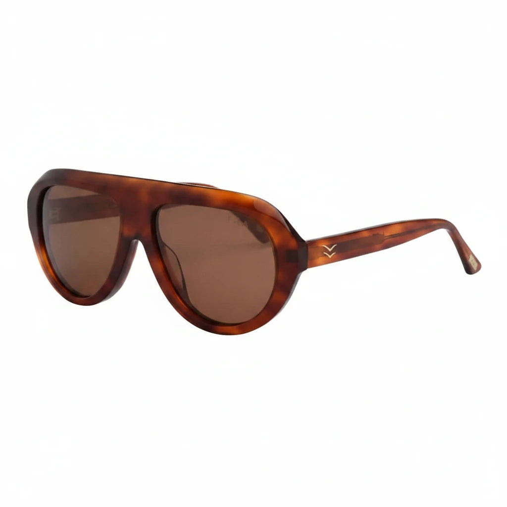 Sunglasses with tortoiseshell frame and brown lenses on a white background