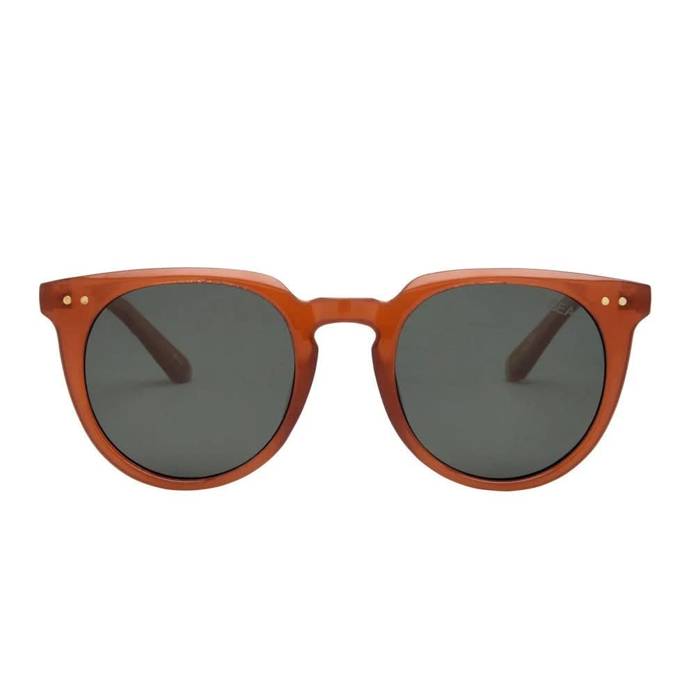 Sunglasses with brown frame and dark lenses on a white background