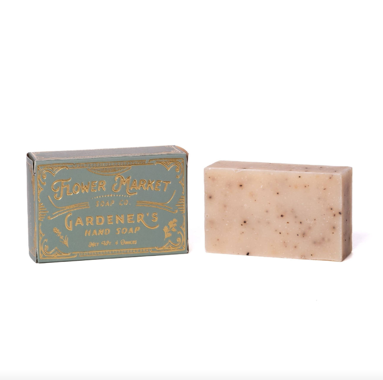 Bar of soap with 'Flower Market Soap Co' packaging on a white background