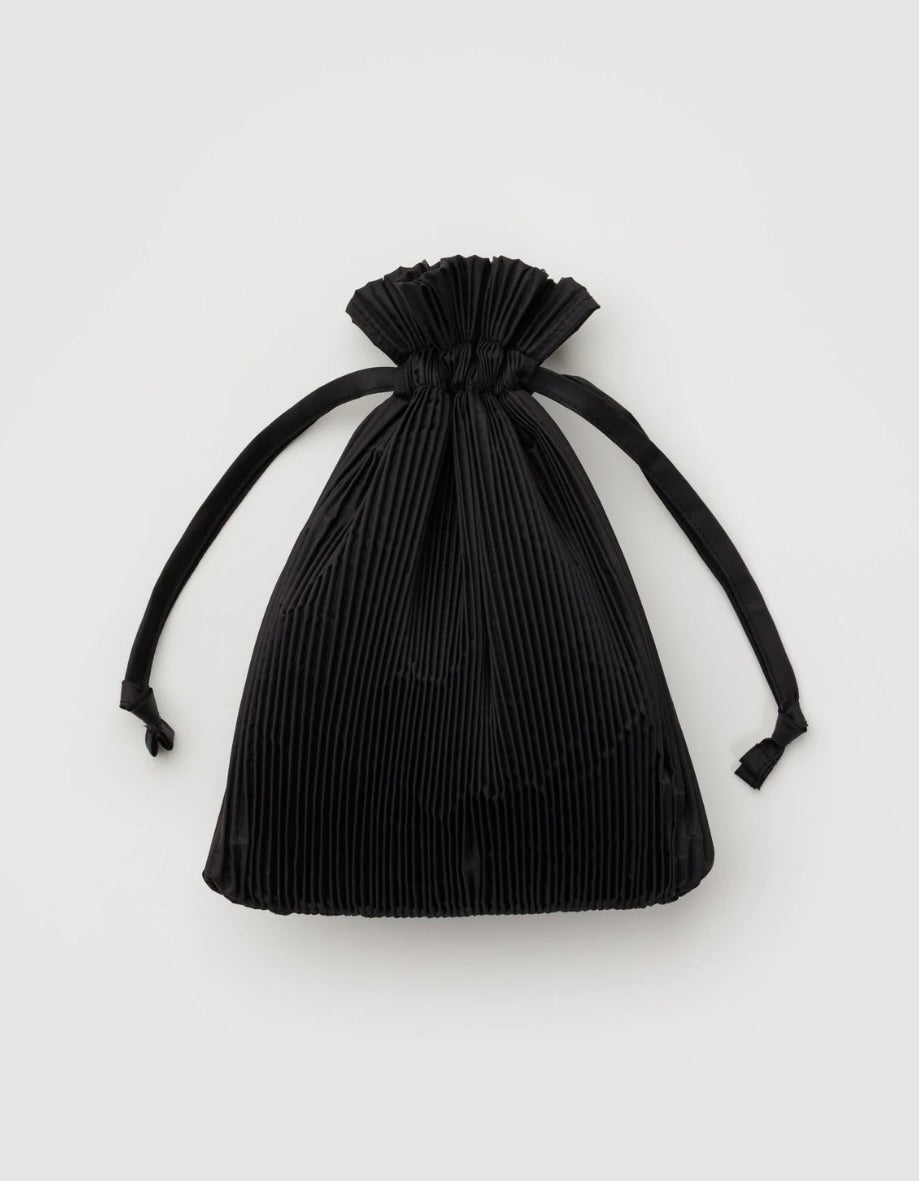 Black pleated drawstring bag on a white background