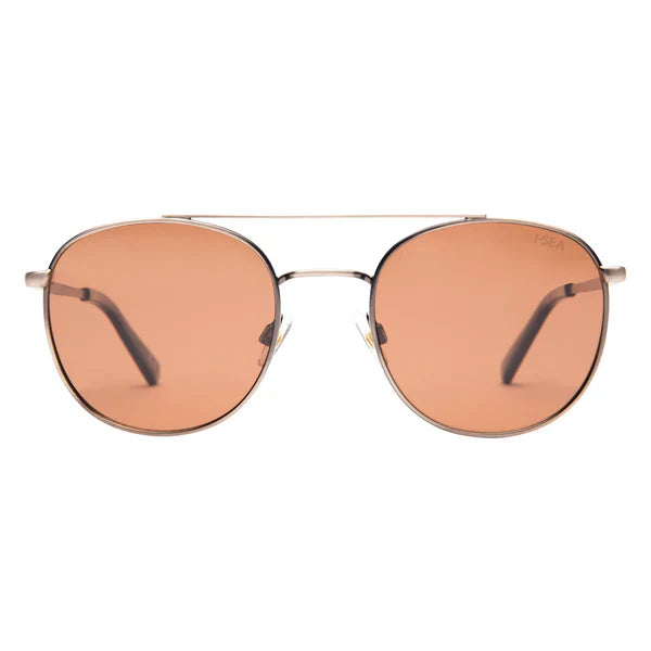 Round sunglasses with gold frame and orange-tinted lenses on a white background