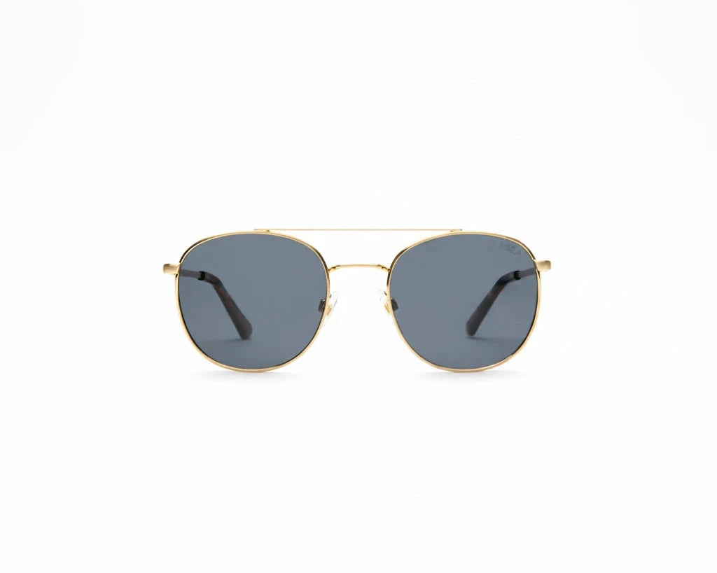 Gold-framed sunglasses with dark lenses on a white background