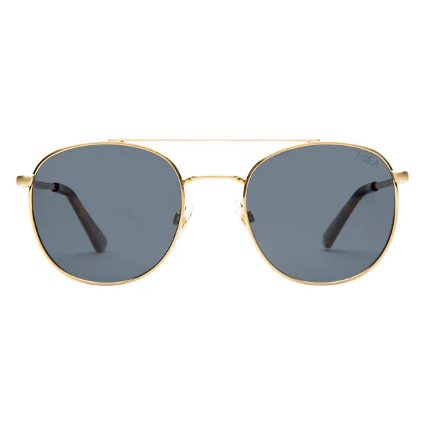 Gold-framed sunglasses with dark lenses on a white background