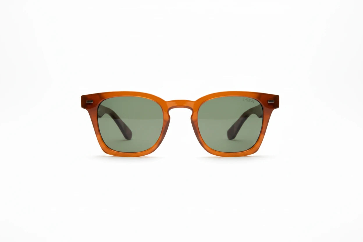 Sunglasses with brown frame and green lenses on a white background