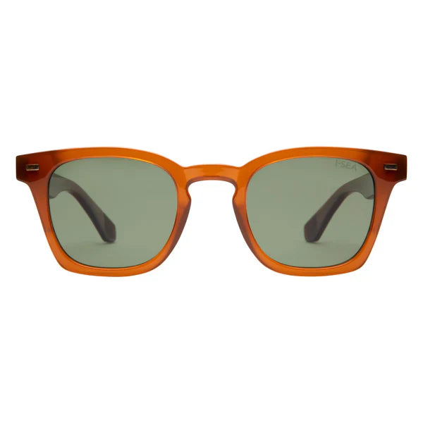 Sunglasses with brown frame and green lenses on a white background