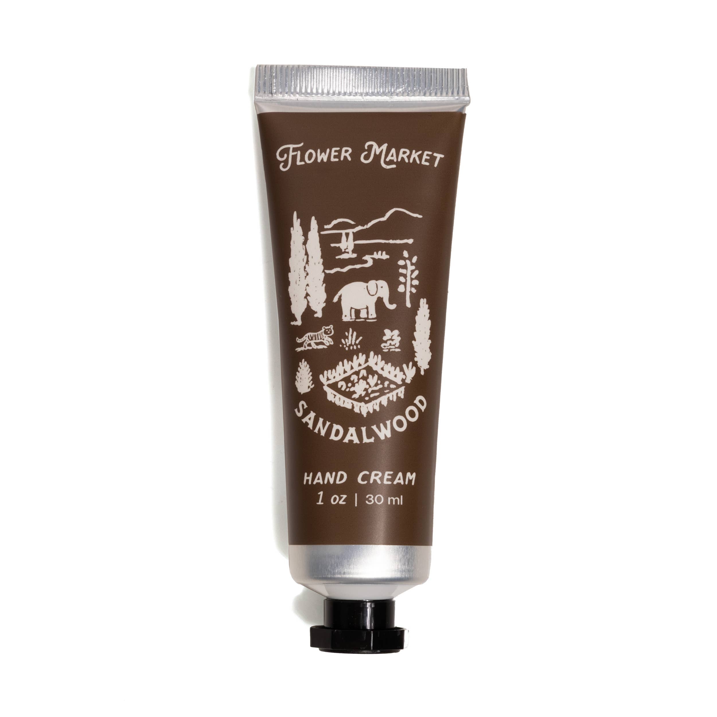 Hand cream tube labeled 'Flower Market Sandalwood' on a white background