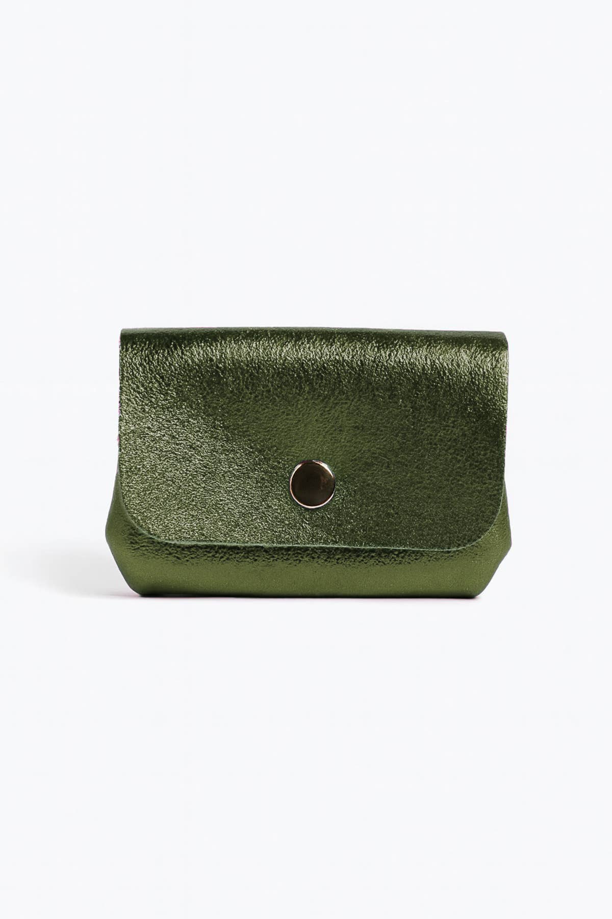 Dark green leather wallet with a gold button on a white background