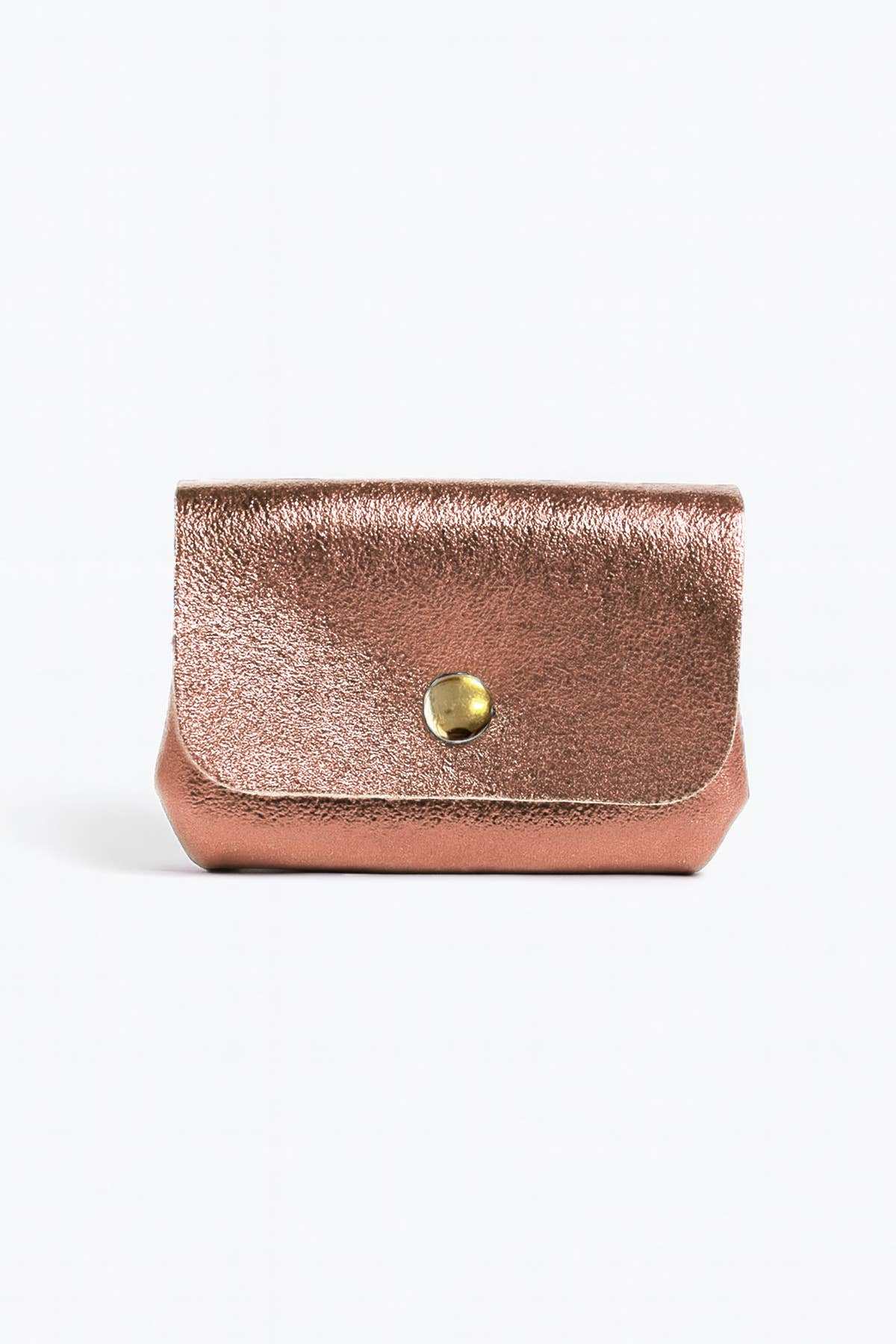 Light pink leather wallet with a gold button on a white background