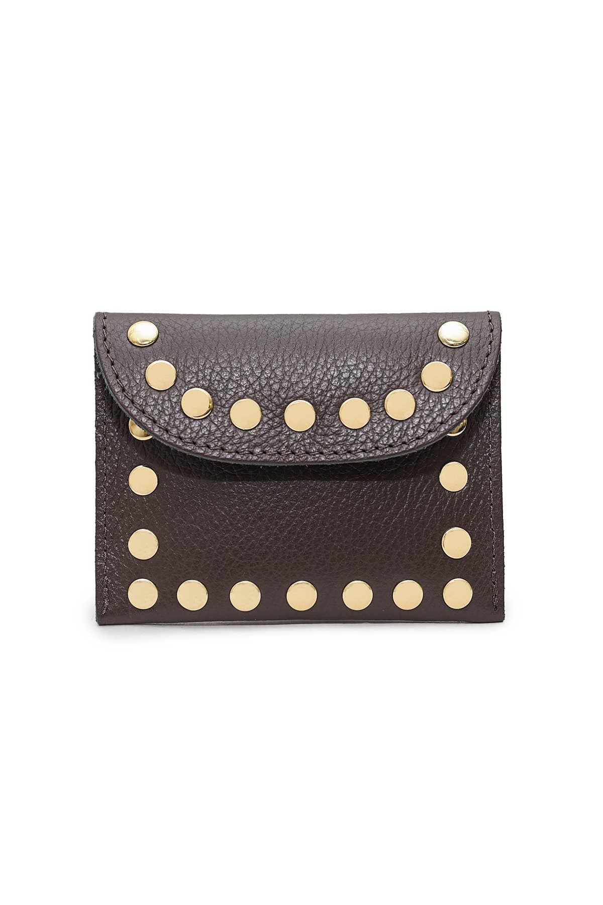 Brown leather wallet with gold studs on a white background