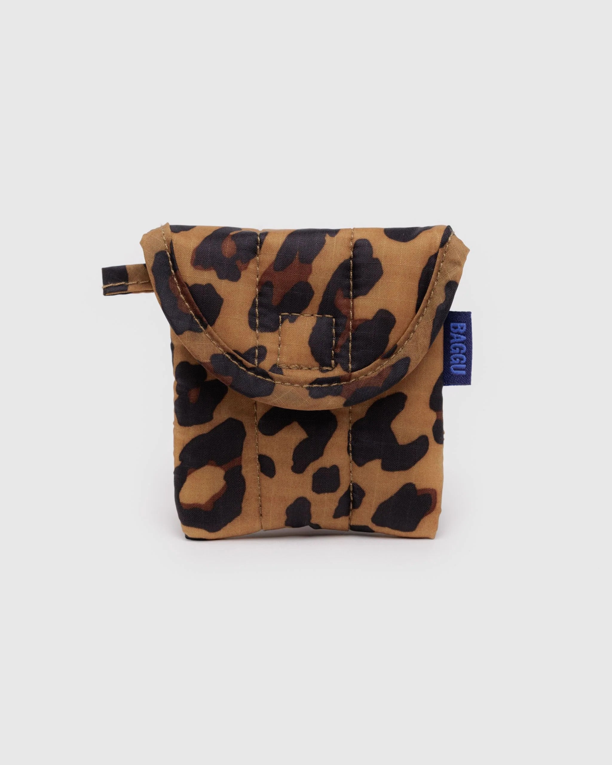 Leopard print pouch with a visible brand tag on a white background
