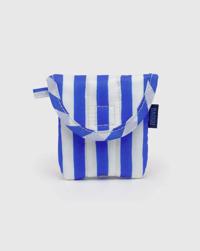 Blue and white striped pouch on a light gray background