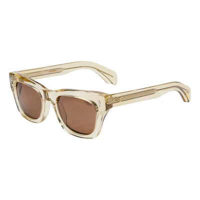 Sunglasses with beige frame and brown lenses on a white background