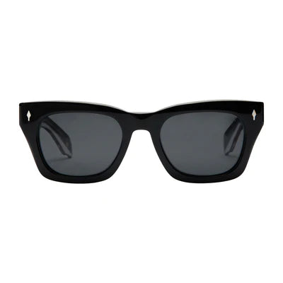 Black sunglasses with dark lenses on a white background