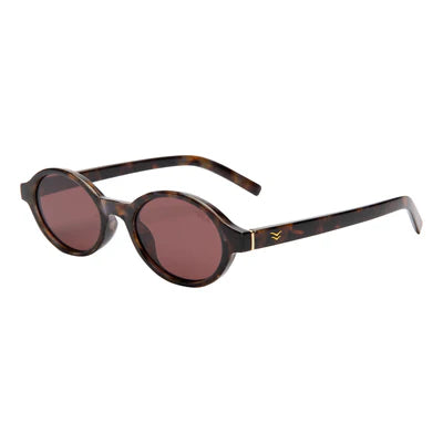 Sunglasses with tortoiseshell frame and red lenses on a white background