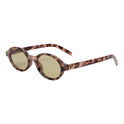Sunglasses with tortoiseshell frame and gold lenses on a white background
