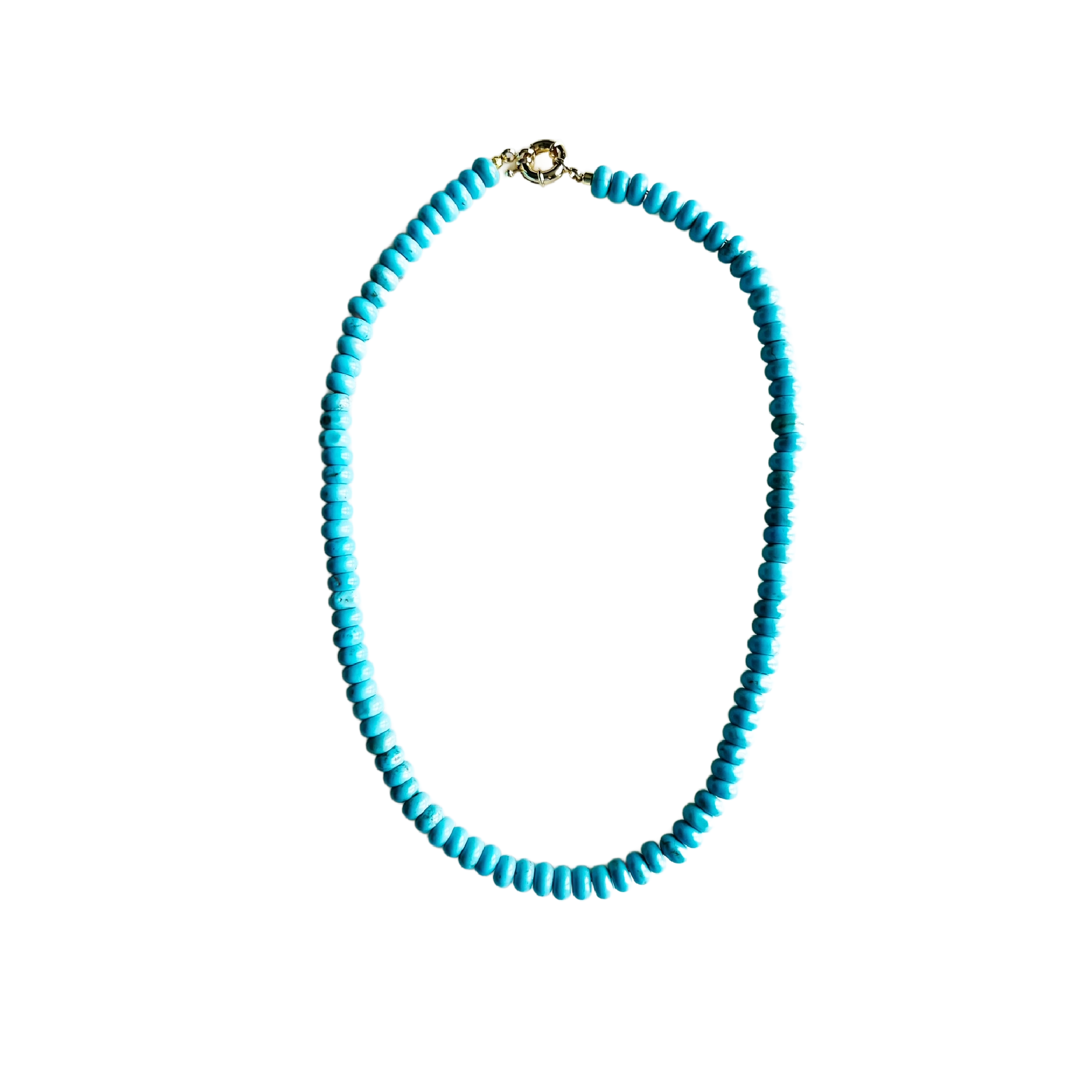 Turquoise beaded necklace on a white background