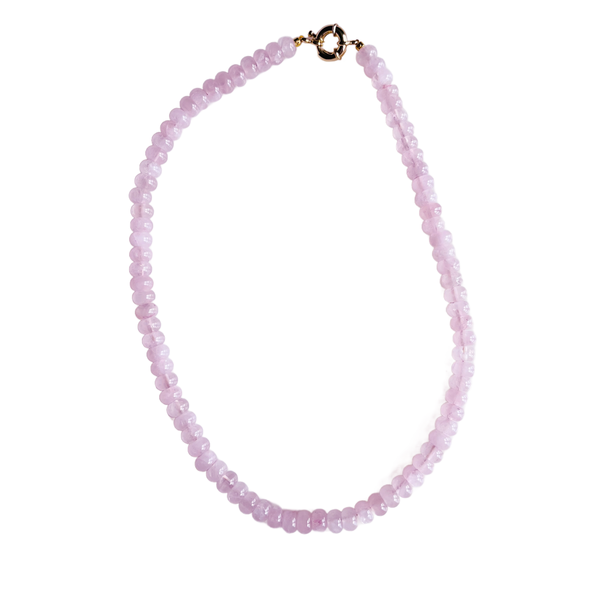 Pink beaded necklace with a gold clasp on a white background