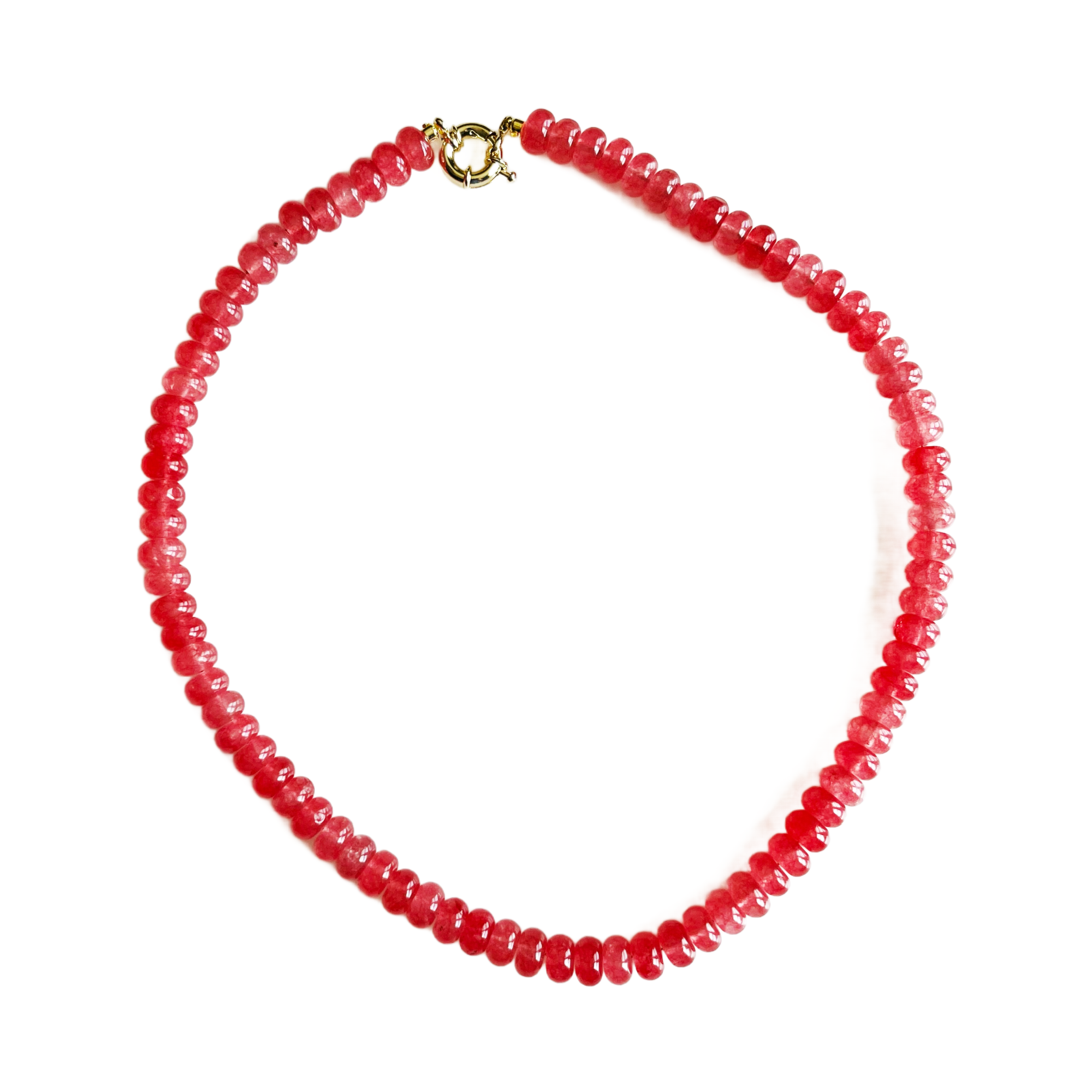 Red beaded necklace on a white background
