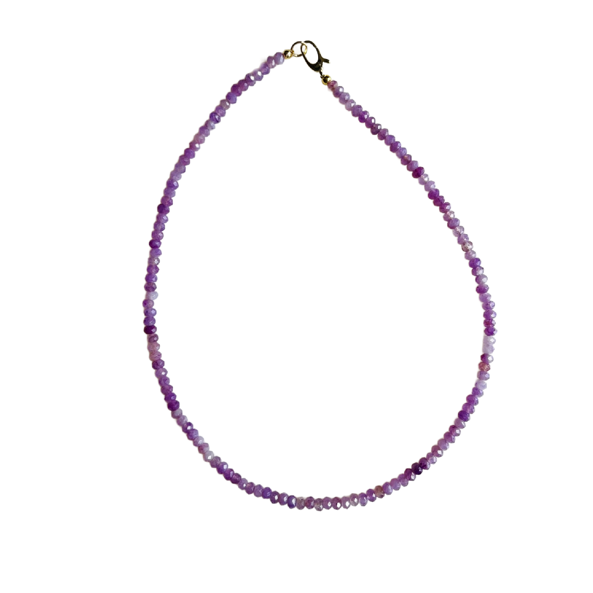 Purple beaded necklace on a white background