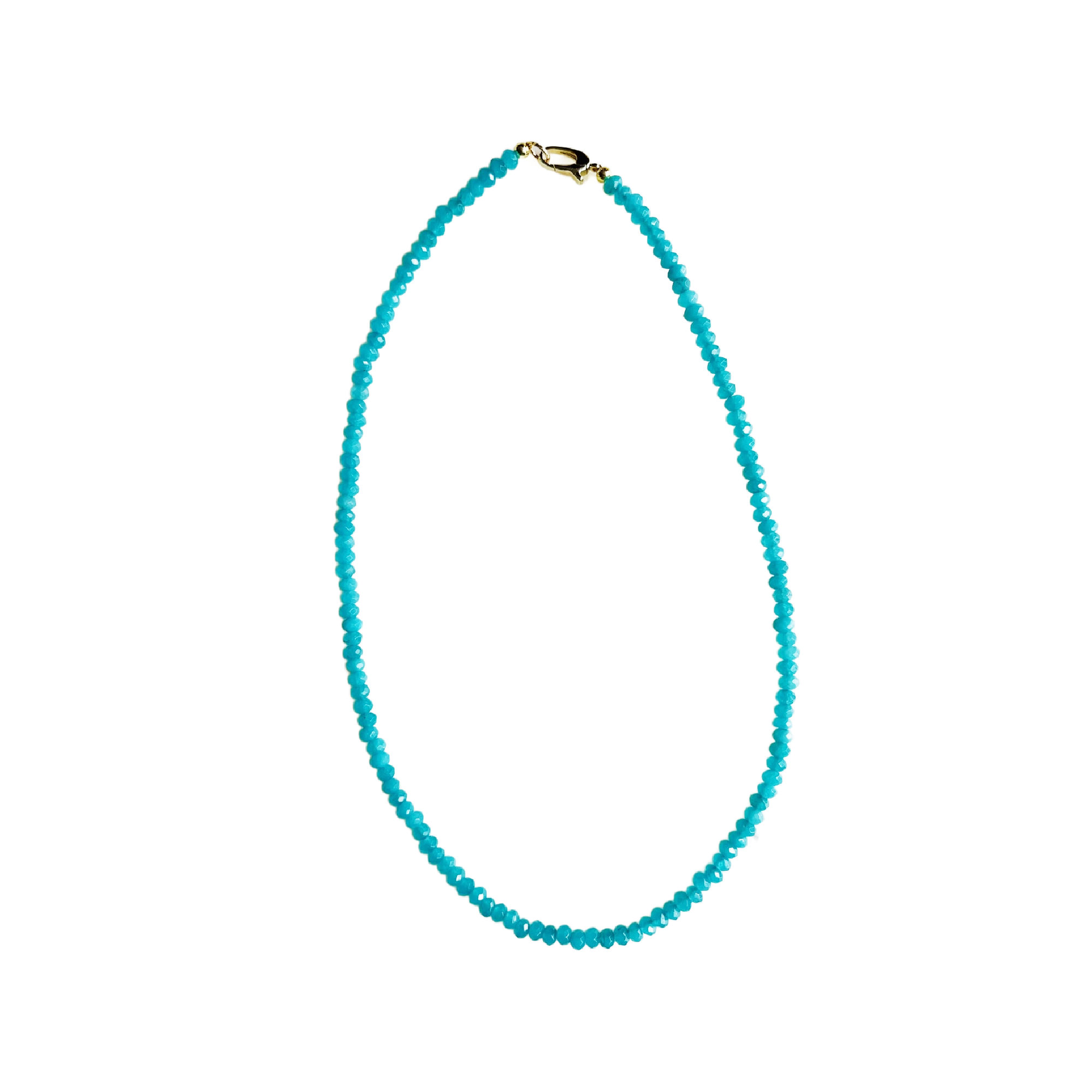 Turquoise beaded necklace with a gold clasp on a white background