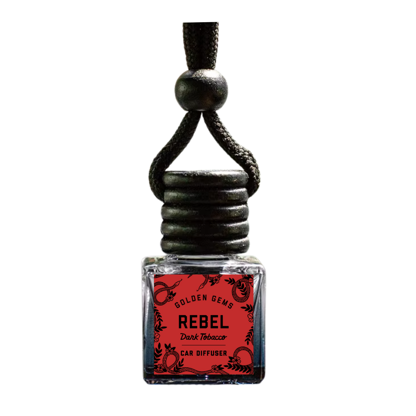 Car diffuser with 'Rebel Dark Tobacco' label on a white background