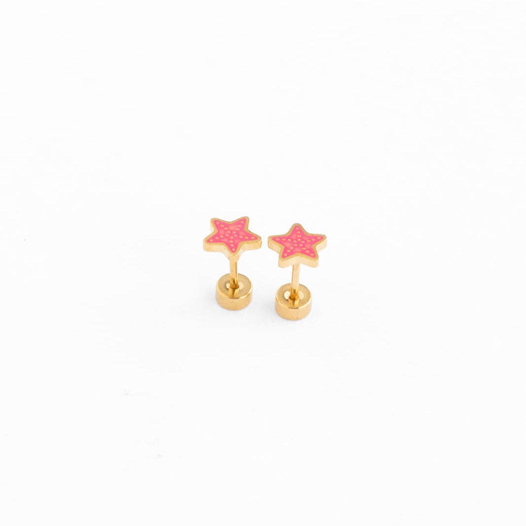Pair of pink star-shaped earrings on a white background