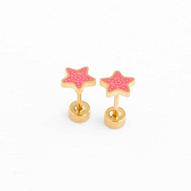 Pair of pink star-shaped earrings on a white background