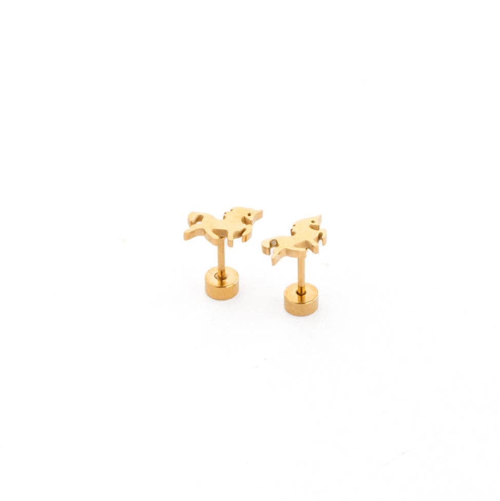 A pair of gold stud earrings shaped like small horses on a plain white background.
