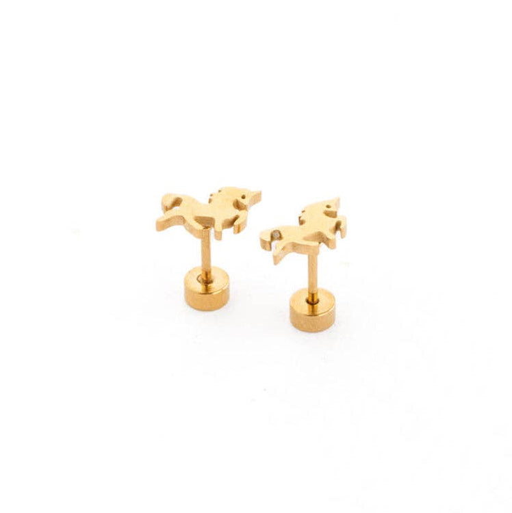 A pair of gold stud earrings shaped like small horses on a plain white background.