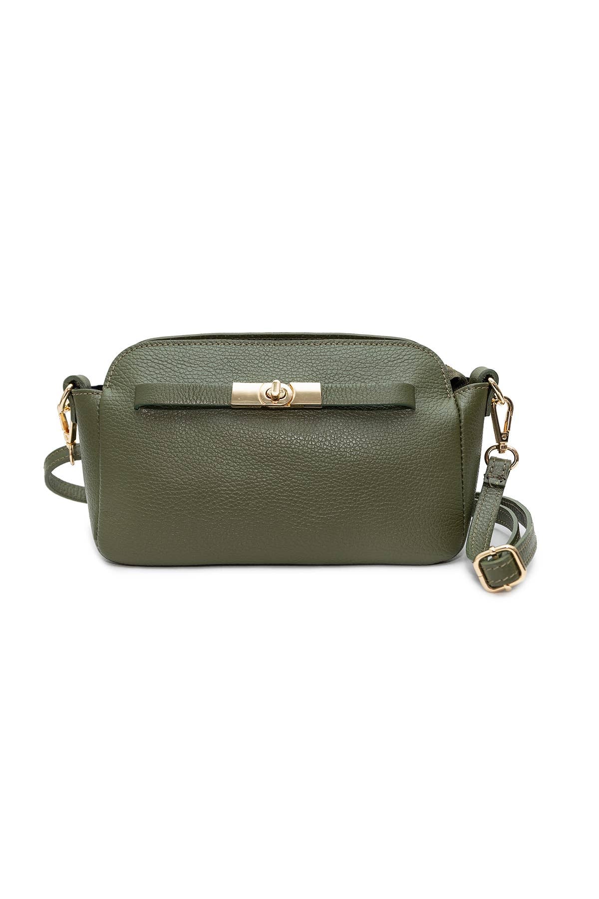 A green pebbled leather crossbody bag with a gold-tone turn-lock clasp and matching gold-tone hardware, shown against a plain white background.