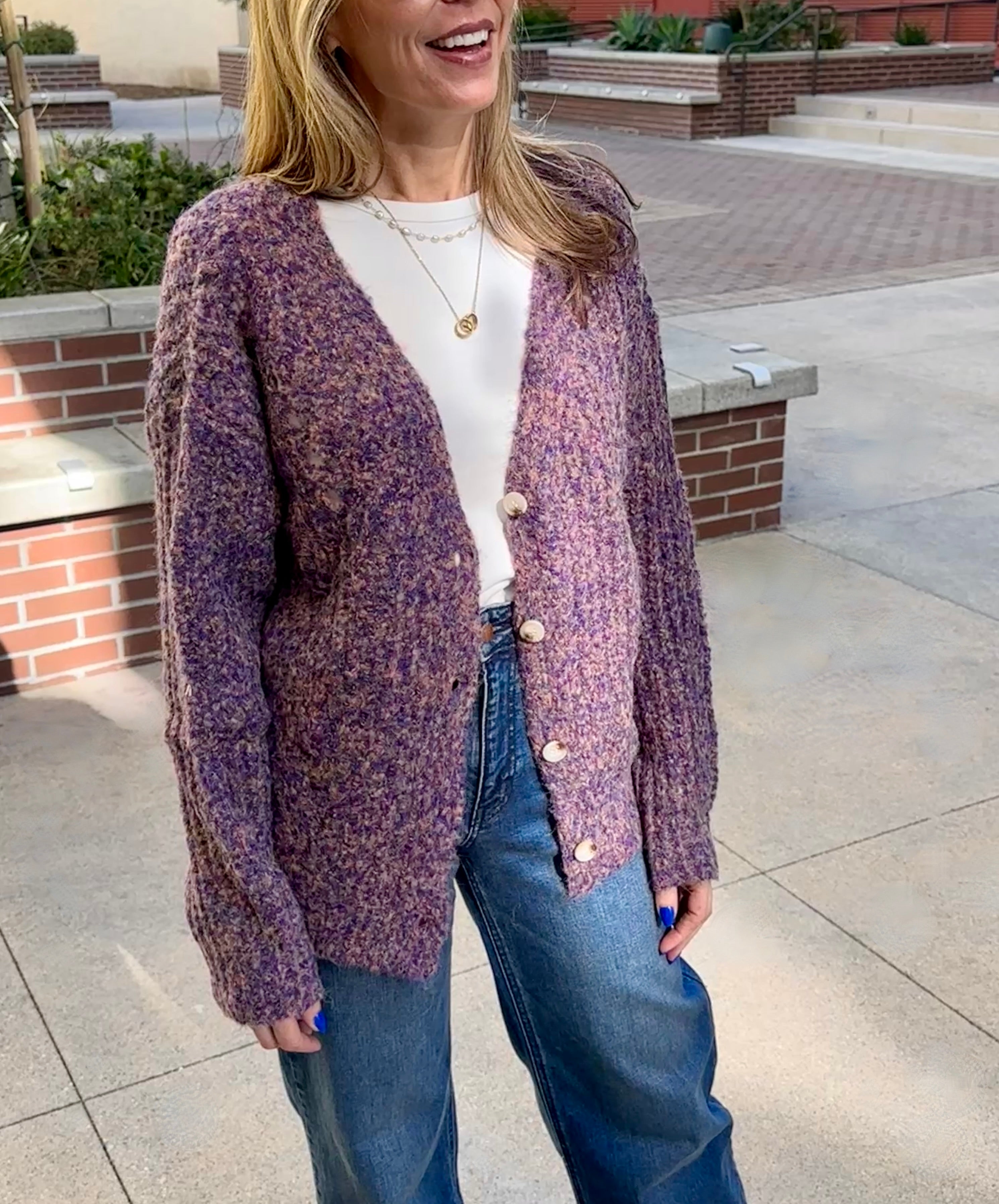 Marbled purple, long button up cardigan 