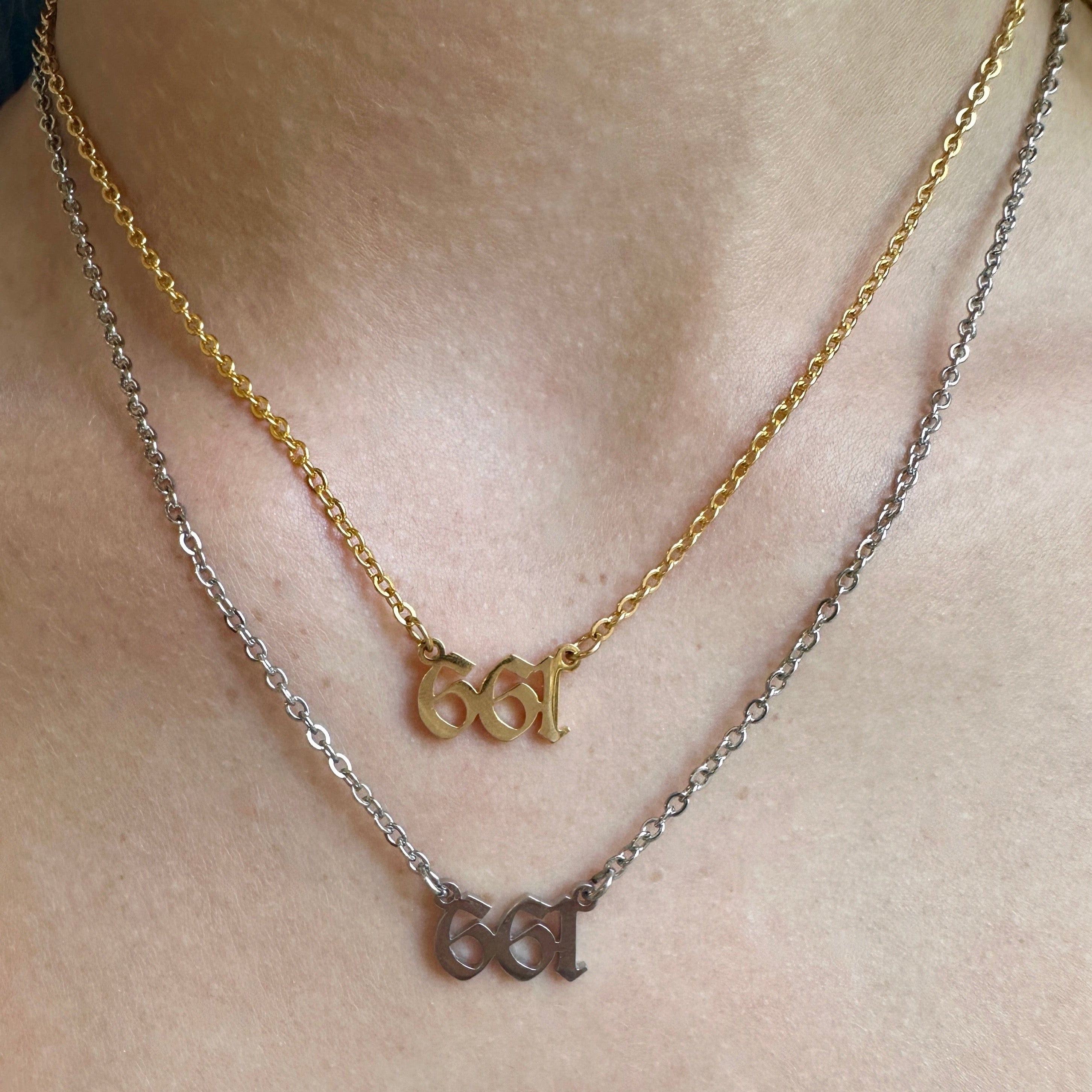 Wearing Two 14k Gold Chain Necklace with 661 pendant in Santa Clarita - FORM + CONTENT