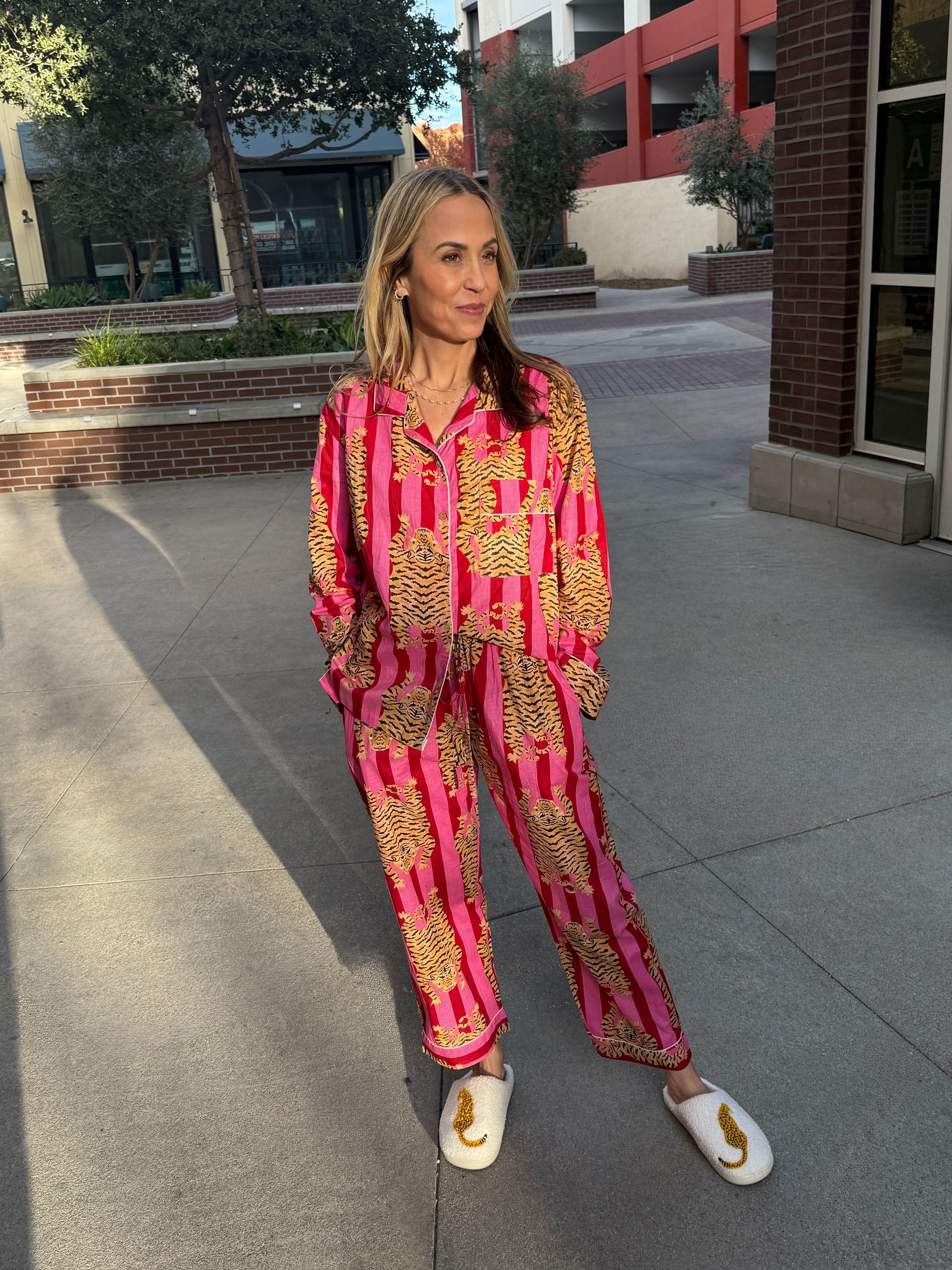 pink and red vertically striped cotton pajama set