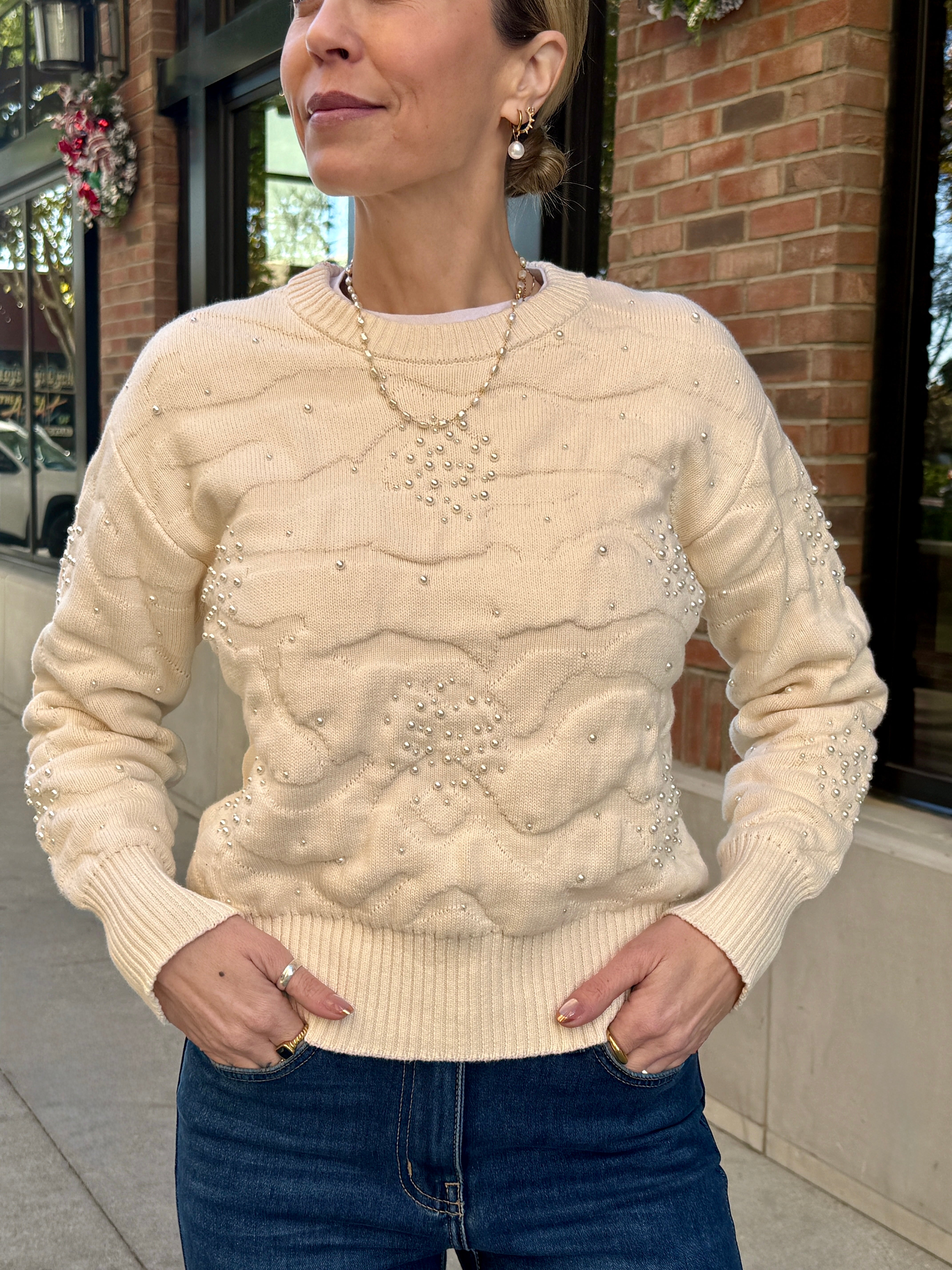 Moon River cream pearl detail winter sweater 