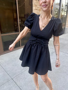 Moon River Black short dress with big front bow 