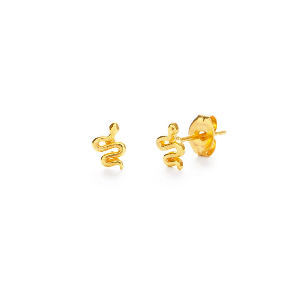 Gold snake-shaped earrings on a white background