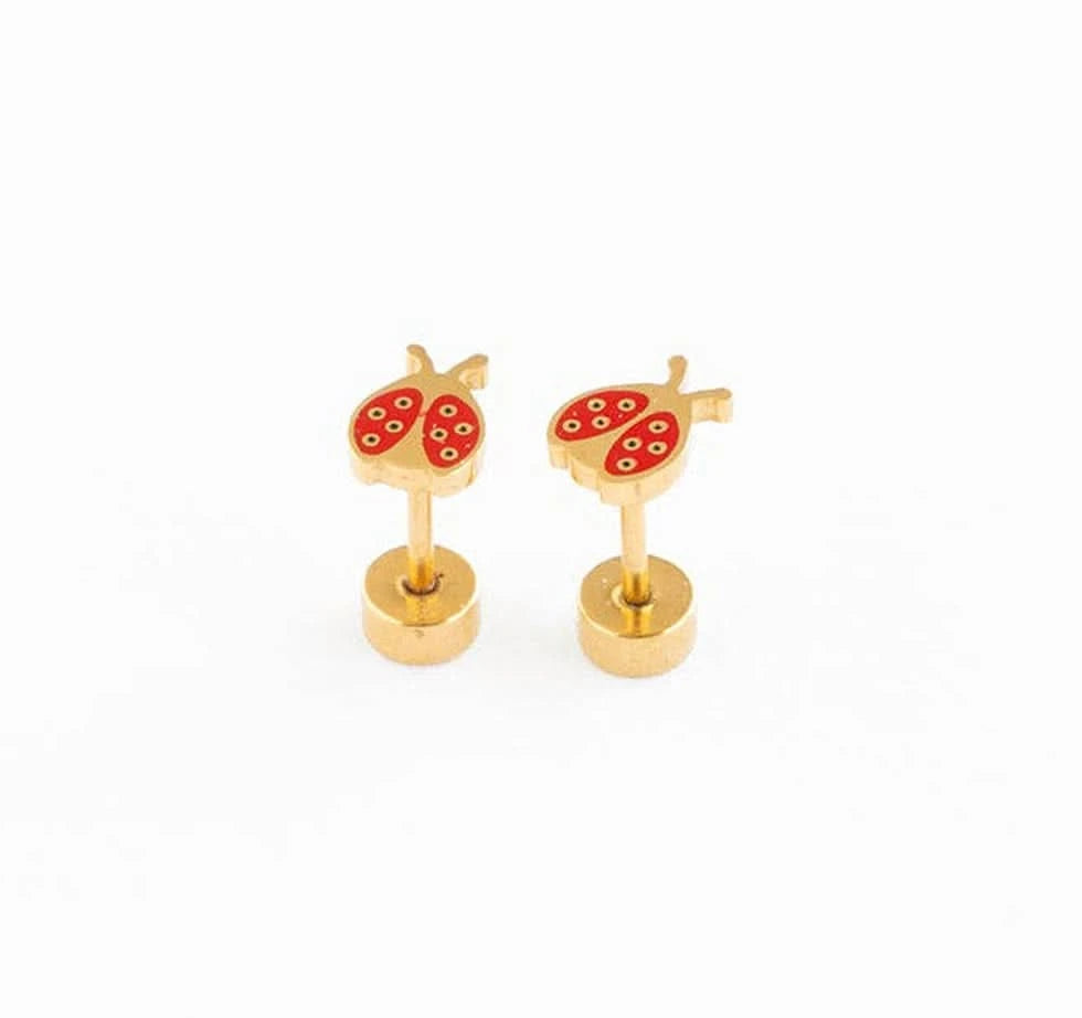 Gold ladybug-shaped earrings on a white background