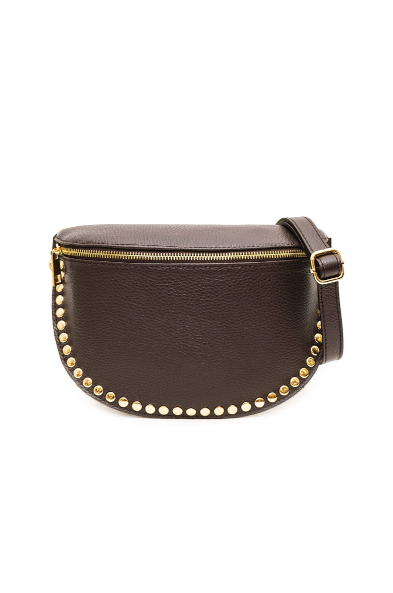 Brown leather belt bag with gold studs on a white background