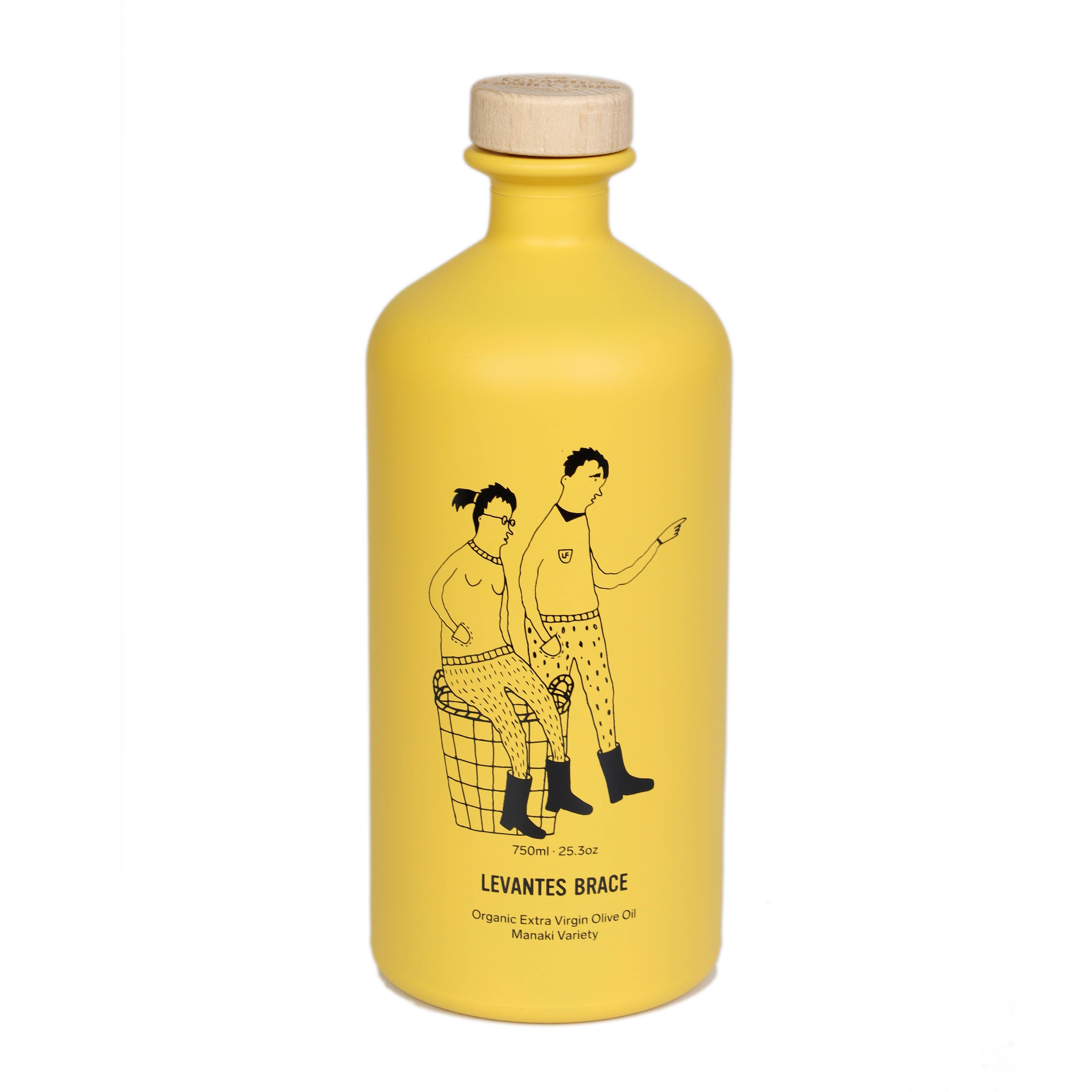 Yellow bottle with black illustrations and 'Levantes Brace' text on a white background