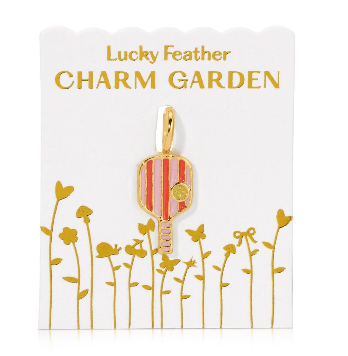 Lucky Feather Charm Garden pendant on a decorative card with floral designs.