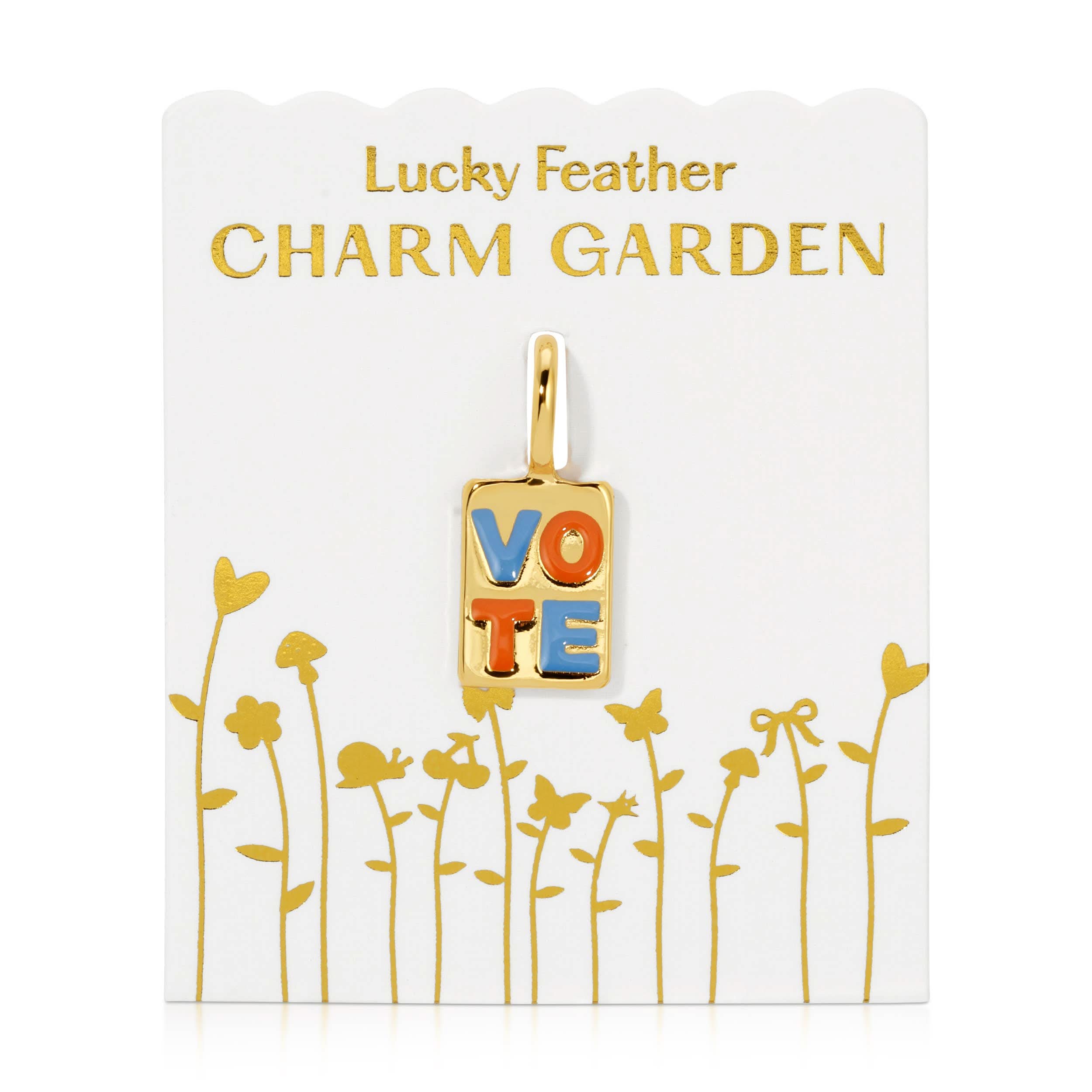 Gold charm with 'VOTE' letters on a white card with gold text and floral design.