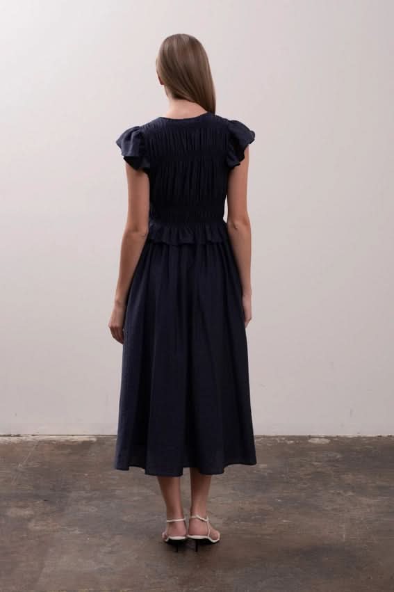Moon River Shirred Ruffle Midi Dress-back