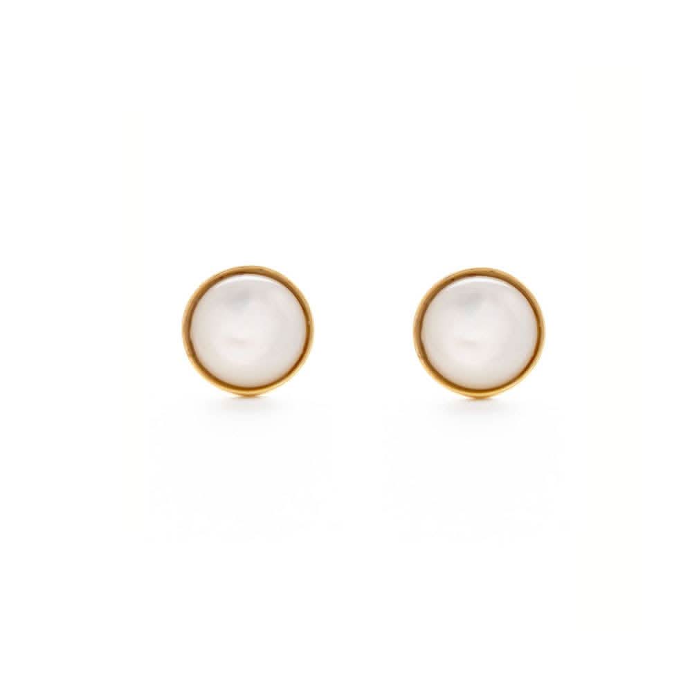 Pair of gold earrings with white round stones on a white background