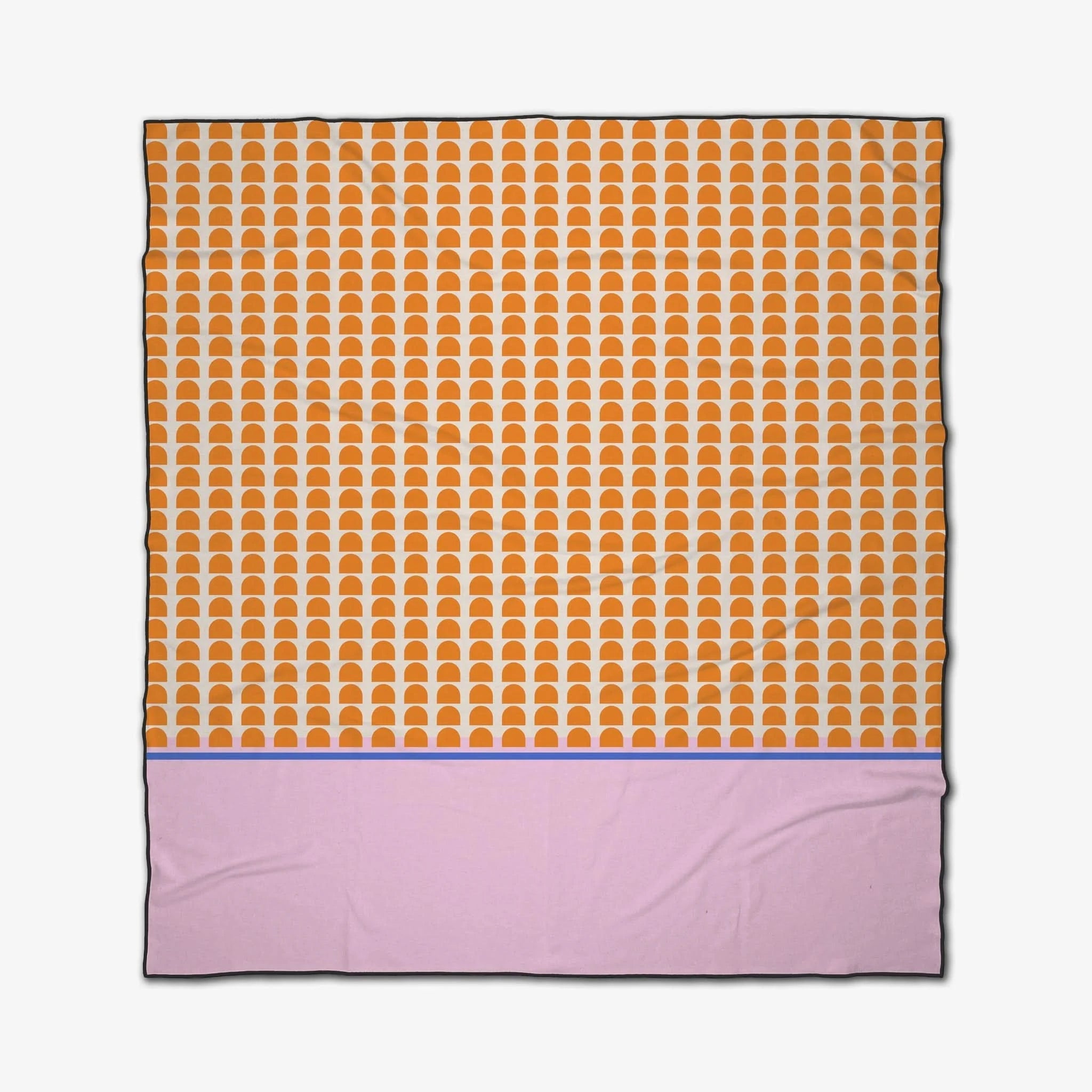Patterned fabric with orange geometric design on a white background