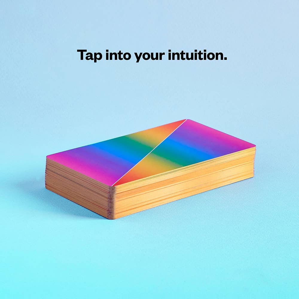 Colorful deck of cards on a blue background with text 'Tap into your intuition'.