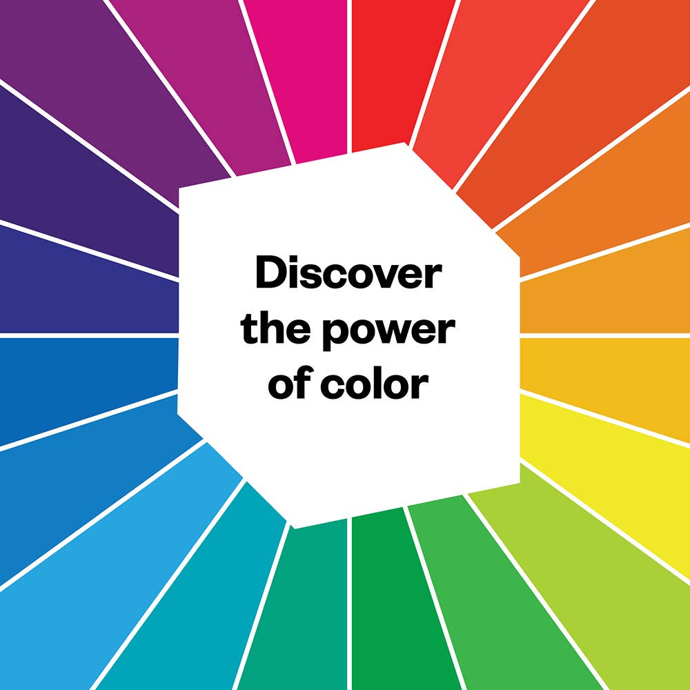 Color wheel with a white text box in the center displaying 'Discover the power of color'.