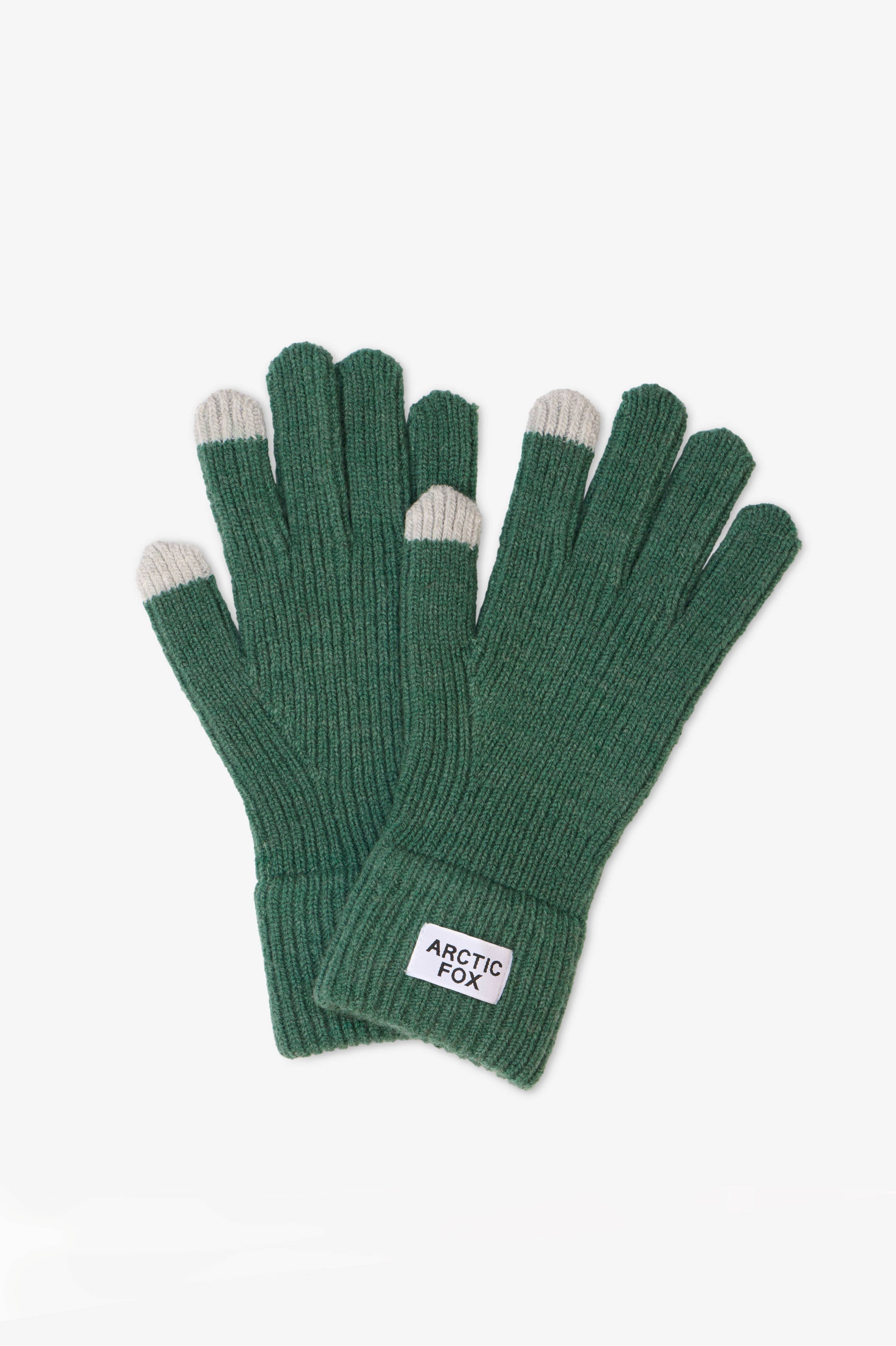 Green gloves with gray tips on a white background, featuring the brand 'Arctic Fox'.
