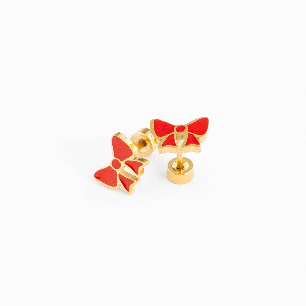 Gold bow-shaped earrings with red centers 